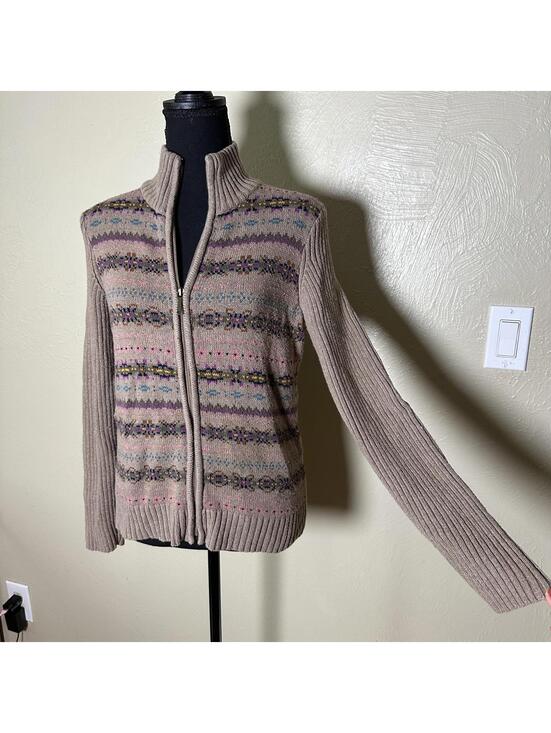 Chaps Sweaters - Chaps Cotton Blend Zip Cardigan Ribbed Sleeve Neutral Cottagecore Sweater